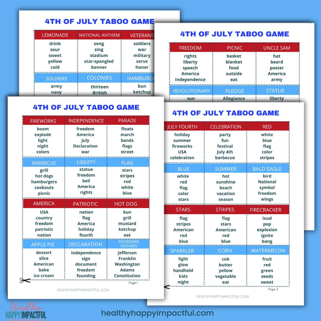 4th of July Taboo Cards