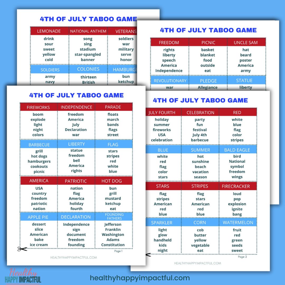 4th of July Taboo Cards